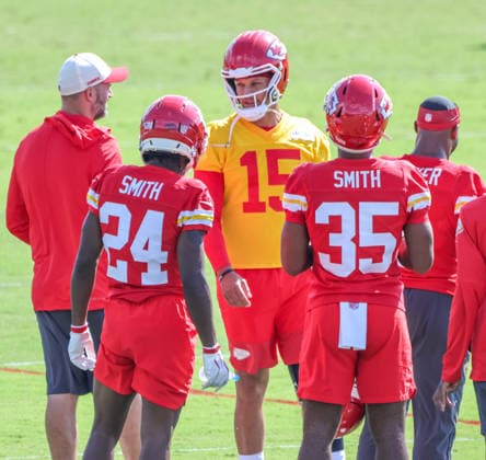 AUGUST 1, 2026: Kansas City Chiefs quarterback Patrick MahomesÃ‚ reacts during practice at Chiefs training camp in St. Joseph, MO. CSM St. Joseph United States - ZUMAc04_ 20260801_zma_c04_087 Copyright: xRomanxPunox