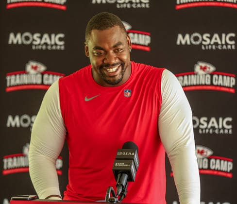 AUGUST 1, 2026: Kansas City Chiefs defensive tackle Chris Jones answers questions from the media after practice at Chiefs training camp in St. Joseph, MO. CSM St. Joseph United States - ZUMAc04_ 20260801_zma_c04_095 Copyright: xRomanxPunox