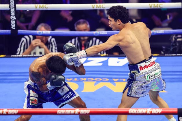 August 01, 2026: (R-L) Junior Lightweight Gael Cabrera punches Francisco Pedroza Portillo during the Roach Jr. vs Zepeda card inside The Theater at the Virgin Hotels on August 1, 2026 in Las Vegas, NV. CSM. Las Vegas United States of America - ZUMAc04_ 20260801_zma_c04_099 Copyright: xChristopherxTrimx