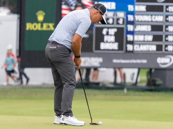 DETROIT, MI - AUGUST 01: Justin Lower (USA) putts the ball during the third round of the Rocket Classic at Detroit Golf Club on August 01, 2026, in Detroit, Michigan. (Photo by Joseph Weiser Icon Sportswire) GOLF: AUG 01 PGA, Golf Herren Rocket Classic EDITORIAL USE ONLY Icon2608010693