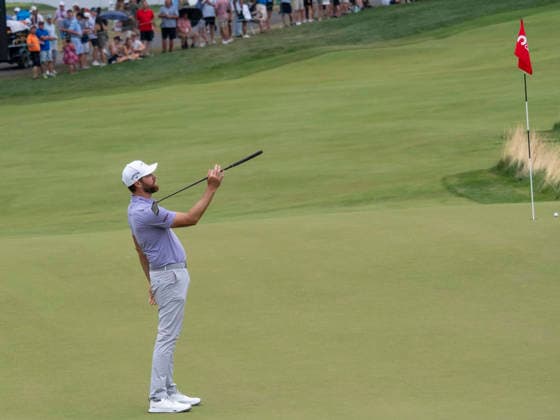 DETROIT, MI - AUGUST 01: Chris Kirk (USA) reacts after putting on 14th green during the third round of the Rocket Classic at Detroit Golf Club on August 01, 2026, in Detroit, Michigan. (Photo by Joseph Weiser Icon Sportswire) GOLF: AUG 01 PGA, Golf Herren Rocket Classic EDITORIAL USE ONLY Icon2608010743