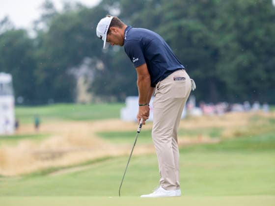DETROIT, MI - AUGUST 01: Michael Brennan (USA) putts the ball during the third round of the Rocket Classic at Detroit Golf Club on August 01, 2026, in Detroit, Michigan. (Photo by Joseph Weiser Icon Sportswire) GOLF: AUG 01 PGA, Golf Herren Rocket Classic EDITORIAL USE ONLY Icon2608010833