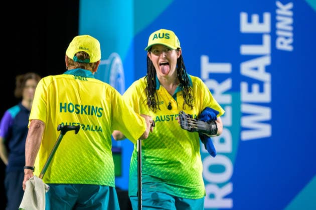 COM26 BOWLS, Louise Hoskins and Serena Bonnell of Australia celebrate their win against England in the Lawn Bowls at the Glasgow 2026 Commonwealth Games at SEC Centre Hall 3 in Glasgow, Scotland, Saturday, August 1, 2026. ( NO ARCHIVING, EDITORIAL USE ONLY, AUSTRALIA ONLY Glasgow Scotland United Kingdom SEC  Copyright: xJANExRUSSELLx 20260802154095147121