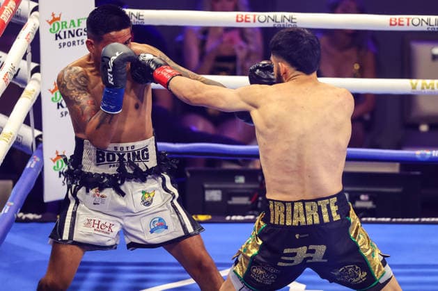August 01, 2026: (R-L) Welterweight Joel Iriarte punches Jorge Lagunas during the Roach Jr. vs Zepeda card inside The Theater at the Virgin Hotels on August 1, 2026 in Las Vegas, NV. CSM. Las Vegas United States of America - ZUMAc04_ 20260801_zma_c04_126 Copyright: xChristopherxTrimx