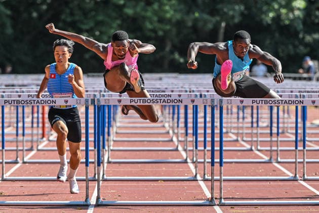 IFAM outdoor Oordegem 2026 Raphael Mohamed (FRANCE) runs 110m hurdles MEN and Rasheem Brown (CAYMAN ISLANDS - Kaaimaneilanden) runs 110m hurdles MEN pictured during IFAM outdoor Oordegem , on Saturday 1 August 2026 in Oordegem , Belgium . PHOTO ISOSPORT Stijn Audooren Oordegem Belgium  Copyright: xStijnxAudoorenx 20260801_103424_SA2_4216