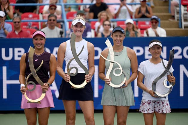 WASHINGTON, DC - AUGUST 01: Champions Aldila Sutjiadi of Indonesia and Erin Routliffe of New Zealand, runners-up Andreja Klepac of Slovenia and Makoto Ninomiya of Japan pose for a photo after the Women s Doubles Final match on day 6 of the Mubadala Citi DC Open 2026 at William H.G. FitzGerald Tennis Center on August 1, 2026 in Washington, DC.  Copyright: xChinaxNewsxServicex 111657682988