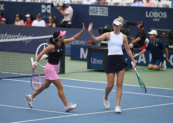 WASHINGTON, DC - AUGUST 01: Aldila Sutjiadi of Indonesia and Erin Routliffe of New Zealand react in the Women s Doubles Final match against Andreja Klepac of Slovenia and Makoto Ninomiya of Japan on day 6 of the Mubadala Citi DC Open 2026 at William H.G. FitzGerald Tennis Center on August 1, 2026 in Washington, DC.  Copyright: xChinaxNewsxServicex 111657683200