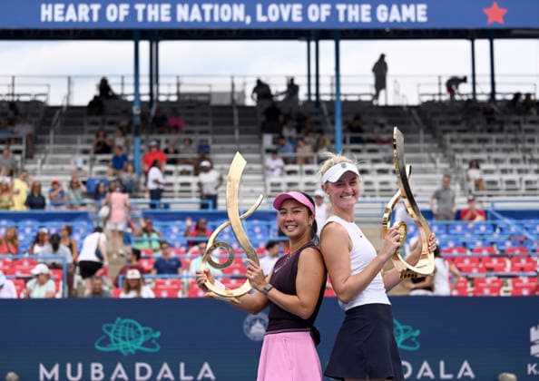WASHINGTON, DC - AUGUST 01: Champions Aldila Sutjiadi of Indonesia and Erin Routliffe of New Zealand pose for a photo after the Women s Doubles Final match on day 6 of the Mubadala Citi DC Open 2026 at William H.G. FitzGerald Tennis Center on August 1, 2026 in Washington, DC.  Copyright: xChinaxNewsxServicex 111657684060