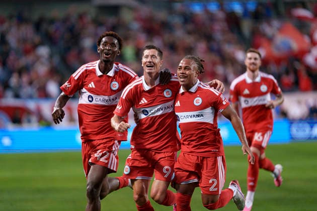 Robert Lewandowski, Dje Tah D Avilla and Leonardo Barroso seen celebrating after scoring goal during MLS, Fussball Herren, USA game between teams of Chicago Fire and Charlotte FC (Martin Murillo Ball Raw Images) Chicago Dignity Health Sports Park USA Copyright: xMartinxMurillox martinmurillo_chicagofire_charlotte_2627-13