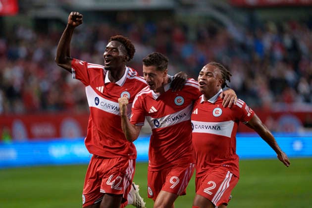 Robert Lewandowski, Dje Tah D Avilla and Leonardo Barroso seen celebrating after scoring goal during MLS, Fussball Herren, USA game between teams of Chicago Fire and Charlotte FC (Martin Murillo Ball Raw Images) Chicago Dignity Health Sports Park USA Copyright: xMartinxMurillox martinmurillo_chicagofire_charlotte_2627-16
