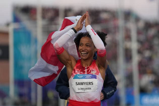 RECORD DATE NOT STATED 1st August 2026; Glasgow, Scotland; 2026 Commonwealth Games, Day Ten; Jazmin Sawyers of England celebrates after winning the Womens Long Jump final AlecxBrown