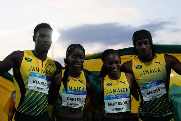 RECORD DATE NOT STATED 1st August 2026; Glasgow, Scotland; 2026 Commonwealth Games, Day Ten; Dejanea Oakley, Zandrion Barnes, Delano Kennedy and Lisa Anderson of Jamaica celebrate winning the mixed 4 x 400m relay final AlecxBrown