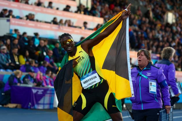 RECORD DATE NOT STATED 1st August 2026; Glasgow, Scotland; 2026 Commonwealth Games, Day Ten; Scotstoun Stadium, Athletics, Mens 800m Final, Navasky& xa0;Anderson (JAM) wins and celebrates like his fellow Jamaican Eusain Bolt afterwards RogerxEvans