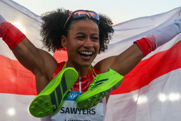 RECORD DATE NOT STATED 1st August 2026; Glasgow, Scotland; 2026 Commonwealth Games, Day Ten; Scotstoun Stadium, Athletics, Womens Long Jump Final, Jazmin Sawyers (ENG) celebrates winning the womens long jump final and taking gold RogerxEvans