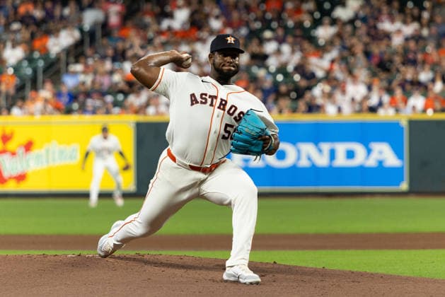 August 1, 2026, Houston, Texas, USA: Houston Astros pitcher RONEL BLANCO (56) winds up a pitch in the top of the first inning of a Major League Baseball game between the Texas Rangers and the Houston Astros, August 1, 2026, at Daikin Park in Houston, Texas. Houston USA - ZUMAg287 20260801_zsp_g287_005 Copyright: xMatthewxGuzmanx