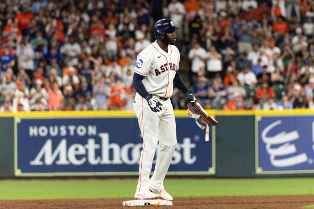 August 1, 2026, Houston, Texas, USA: Houston Astros designated hitter YORDAN ALVAREZ (44) stands at second base after hitting a run in the bottom of the third inning of a Major League Baseball game between the Texas Rangers and the Houston Astros, August 1, 2026, at Daikin Park in Houston, Texas. Houston USA - ZUMAg287 20260801_zsp_g287_024 Copyright: xMatthewxGuzmanx