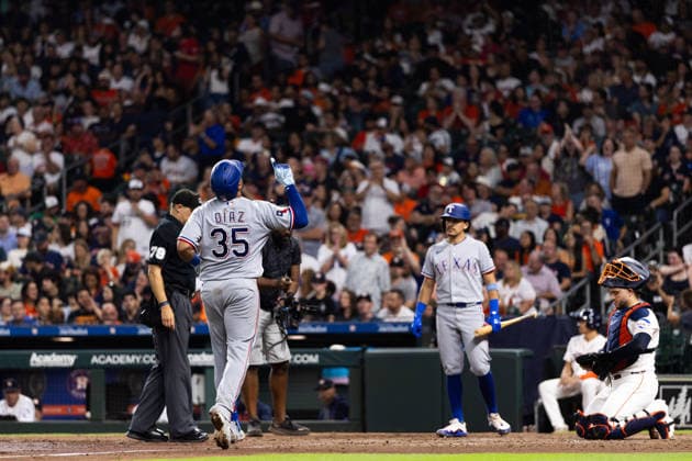 August 1, 2026, Houston, Texas, USA: Texas Rangers catcher ELIAS DIAS (35) celebrates at home plate after hitting a home run in the top of the seventh inning of a Major League Baseball game between the Texas Rangers and the Houston Astros, August 1, 2026, at Daikin Park in Houston, Texas. Houston USA - ZUMAg287 20260801_zsp_g287_026 Copyright: xMatthewxGuzmanx