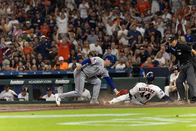 August 1, 2026, Houston, Texas, USA: Houston Astros designated hitter YORDAN ALVAREZ (44) slides for home base in the bottom of the fourth inning to score a run in a Major League Baseball game between the Texas Rangers and the Houston Astros, August 1, 2026, at Daikin Park in Houston, Texas. Houston USA - ZUMAg287 20260801_zsp_g287_050 Copyright: xMatthewxGuzmanx