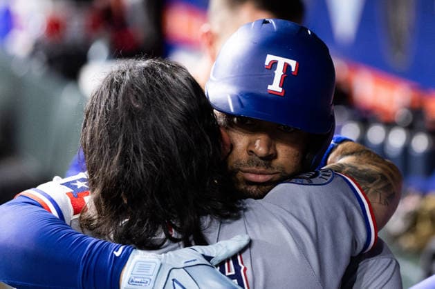 August 1, 2026, Houston, Texas, USA: Texas Rangers catcher ELIAS DIAS (35) celebrates with teammates after hitting a home run in the top of the seventh inning of a Major League Baseball game between the Texas Rangers and the Houston Astros, August 1, 2026, at Daikin Park in Houston, Texas. Houston USA - ZUMAg287 20260801_zsp_g287_052 Copyright: xMatthewxGuzmanx
