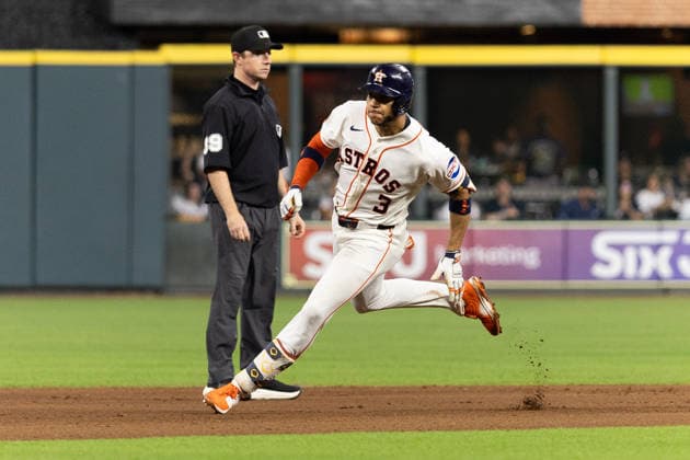 August 1, 2026, Houston, Texas, USA: Houston Astros shortstop JEREMY PENA (3) runs to third base after hitting a triple in the bottom of the eighth inning of a Major League Baseball game between the Texas Rangers and the Houston Astros, August 1, 2026, at Daikin Park in Houston, Texas. Houston USA - ZUMAg287 20260801_zsp_g287_053 Copyright: xMatthewxGuzmanx