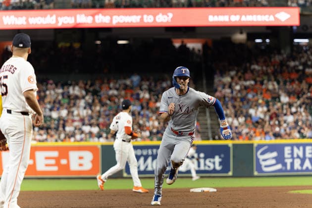 August 1, 2026, Houston, Texas, USA: Texas Rangers outfielder EVAN CARTER (32) runs for home in the top of the fourth inning of a Major League Baseball game between the Texas Rangers and the Houston Astros, August 1, 2026, at Daikin Park in Houston, Texas. Houston USA - ZUMAg287 20260801_zsp_g287_057 Copyright: xMatthewxGuzmanx