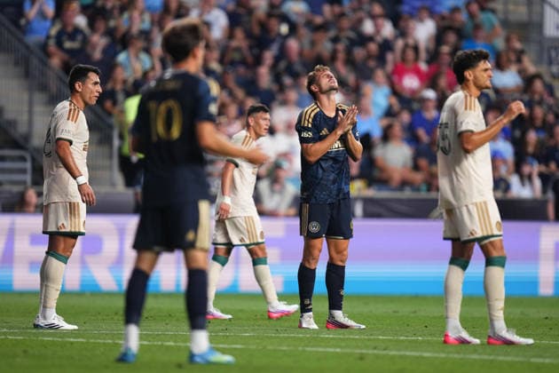 August 01, 2026: Philadelphia Union Forward Bruno Damiani (9) reacts on the field during the first half of an MLS, Fussball Herren, USA match against Atlanta United at Subaru Park in Chester, Pennsylvania. CSM Chester United States of America - ZUMAc04_ 20260801_zma_c04_229 Copyright: xKylexRoddenx