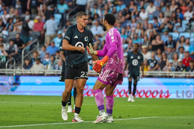 August 1, 2026, St. Paul, Minnesota, United States: Minnesota United FC defense MORRIS DUGGAN (23) and Minnesota United FC goalkeeper DRAKE CALLENDER (12) shake hands after a play. Minnesota United hosted San Diego August 1st. The teams faced off at Allianz Field in St. Paul, Minnesota. The teams drew 1-1. St. Paul United States - ZUMAt166 20260801_zsp_t166_003 Copyright: xMichaelxTurnerx