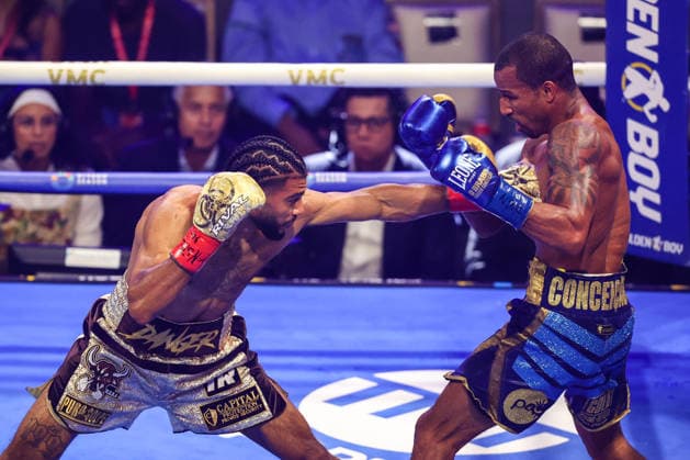 August 01, 2026: (L-R) Raymond Muratalla punches Robson Conceicao during the IBF Lightweight title fight on the Roach Jr. vs Zepeda card inside The Theater at the Virgin Hotels on August 1, 2026 in Las Vegas, NV. CSM. Las Vegas United States of America - ZUMAc04_ 20260801_zma_c04_237 Copyright: xChristopherxTrimx