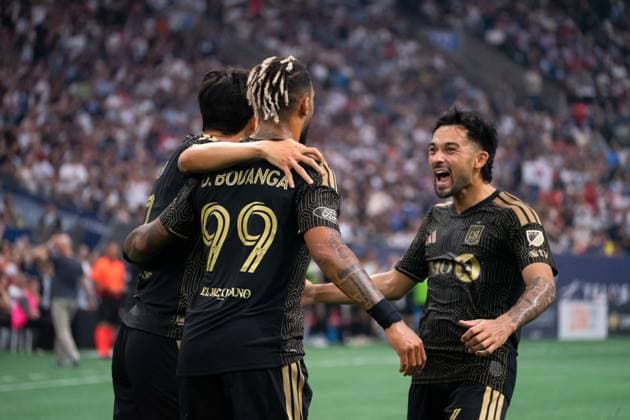 VANCOUVER, CANADA - AUGUST 1: Mathieu Choiniere of Los Angeles FC yells and celebrates with Heung Min Son of Los Angeles FC and Denis Bouanga of Los Angeles FC after their first goal is scored during the Major League Soccer match between Vancouver Whitecaps FC and Los Angeles at BC Place Stadium on August 1, 2026 in Vancouver, British Columbia, Canada.  Copyright: xAmyxElle SPPx Sportspressphoto_SPR199354