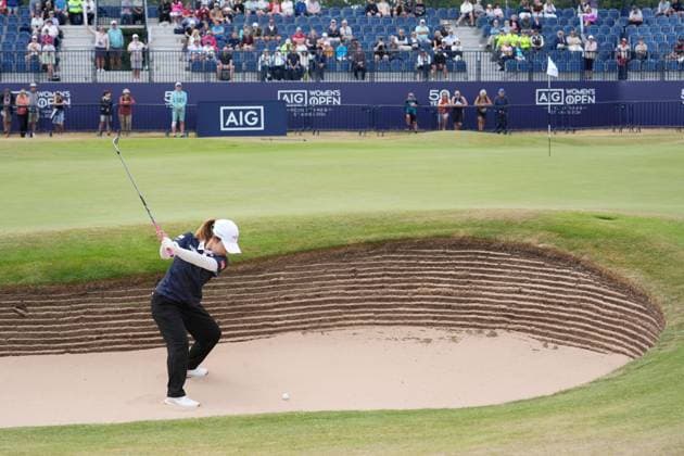Golf: Women s British Open Ayaka Furue of Japan hits out of a bunker on the 18th hole during the third round of the Women s British Open golf tournament on Aug. 1, 2026, at Royal Lytham &amp; St Annes Golf Club in Lytham St Annes, England.  A14AA0005624765P