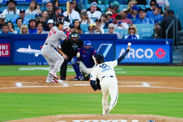 Yoshinobu Yamamoto, (Dodgers) August 1, 2026 Baseball: Yoshinobu Yamamoto of the Los Angeles Dodgers pitches against Masataka Yoshida and the Boston Red Sox during the MLB, Baseball Herren, USA regular season game at Dodger Stadium in Los Angeles, California, USA.  aflo_339837576 TakashixKurosawax