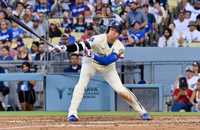 Los Angeles Dodger designated hitter Shohei Ohtani strikes out in the fifth inning against the Boston Red Sox at Dodger Stadium in Los Angeles on Saturday, August 1, 2026.  LAP2026080107 JIMxRUYMEN