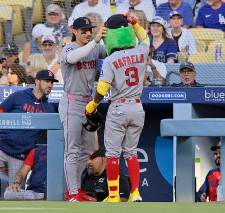 Boston Red Sox center fielder Ceddanne Rafaela (3) celebrates with Wilyer Abreu after hitting a solo home run against Los Angeles Dodger starting pitcher Yoshinobu Yamamoto in the third inning at Dodger Stadium in Los Angeles on Saturday, August 1, 2026. It was the second multi-homer game of Rafaela s career.  LAP2026080108 JIMxRUYMEN