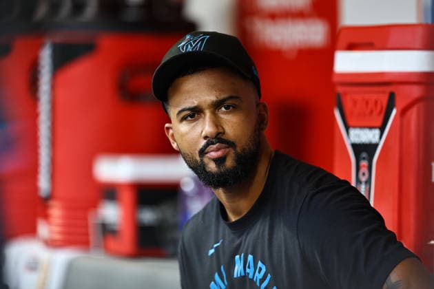 MLB, Baseball Herren, USA Miami Marlins Vs. New York Mets Miami Marlins starting pitcher Sandy Alcantara 22 sits in the dugout during the eighth inning of a baseball game against the New York Mets at Citi Field in Flushing, New York, on August 1, 2026. Flushing N.Y. United States  Copyright: xGordonxDonovanx originalFilename:donovan-mlbmiami260801_npdHo.jpg