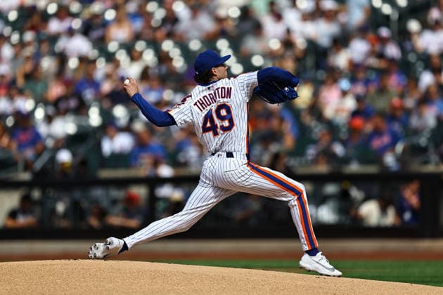 MLB, Baseball Herren, USA Miami Marlins Vs. New York Mets New York Mets starting pitcher Zach Thornton, number 49, throws during the first inning of a baseball game against the Miami Marlins at Citi Field in Flushing, New York, on August 1, 2026. Flushing N.Y. United States  Copyright: xGordonxDonovanx originalFilename:donovan-mlbmiami260801_npfOv.jpg