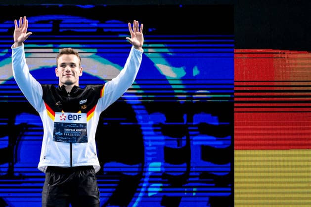 Moritz Linus Wesemann of Germany prepares to compete in the diving 1m Springboard Men Final during the European Aquatics Championships at the Olympic Aquatic Center in Paris (France), August 1, 2026. Andrea Staccioli