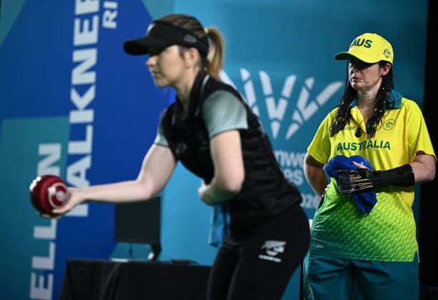 COM26 BOWLS, Serena Bonnell of Australia looks on as Teri Blackbourn of New Zealand prepares to bowl during the Para Women™s Pairs B6-B8 Gold Medal match between Australia and New Zealand during the Glasgow 2026 Commonwealth Games at SEC Centre Hall 3 in Glasgow, Scotland, Sunday, August 2, 2026. ( NO ARCHIVING, EDITORIAL USE ONLY Glasgow Scotland United Kingdom  Copyright: xJOELxCARRETTx 20260802155836698380