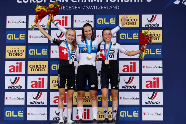 02.08.2026, Monteceneri, Monte Ceneri, 2026 UEC MTB European Championship, EM, Europameisterschaft XCO Women U23 s Final (cross country olympic) Fiona Schibler 2 (SUI) 2nd place and silver medal, Anina Hutter 7 (SUI) 1st place, European Champion and gold medal and Elina Benoit 8 (SUI) 3rd place and bronze medal Monteceneri Monte Ceneri Ticino Switzerland *** August 2, 2026, Monteceneri, Monte Ceneri, 2026 UEC MTB European Championship XCO Women U23 Final, Cross-Country Olympic: Fiona Schibler (2 SUI) took 2nd place and the silver medal, Anina Hutter 7 SUI 1st place, European Champion, and gold medal; and Elina Benoit 8 SUI 3rd place and bronze medal; Monteceneri, Monte Ceneri, Ticino, Switzerland Copyright: xJustPictures.ch FrancescoxMinghettix jp-en-FrMi-_NG_1238