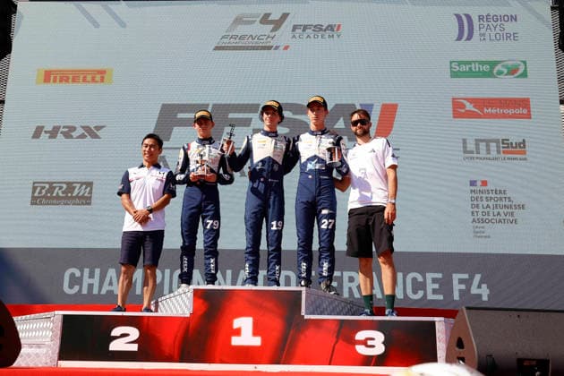 AUTO - CHAMPIONNAT DE FRANCE FFSA F4 2026 - MAGNY-COURS 19 BOUZAR Guillaume (FRA),Mygale M21-F4, 79 RAMAEKERS Thibaut (BEL),Mygale M21-F4, 27 DUSSOL Tom (FRA),Mygale M21-F4, podium during the 4th round of the Championnat de France FFSA F4 2026, from July 31 to August 2, 2026 on the Circuit de Nevers Magny-Cours, in Magny-Cours, France -  Copyright: xGREGORYxLENORMANDx