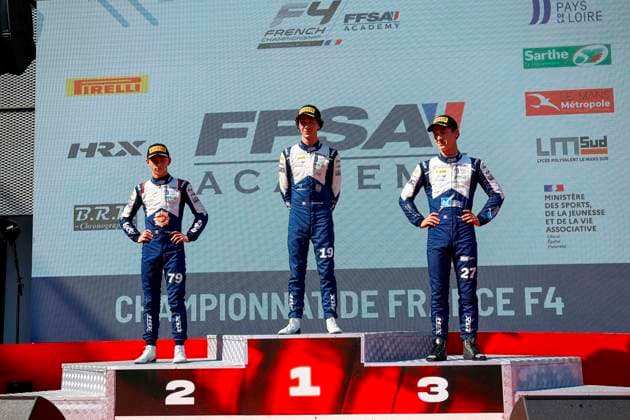 AUTO - CHAMPIONNAT DE FRANCE FFSA F4 2026 - MAGNY-COURS 19 BOUZAR Guillaume (FRA),Mygale M21-F4, 79 RAMAEKERS Thibaut (BEL),Mygale M21-F4, 27 DUSSOL Tom (FRA),Mygale M21-F4, podium during the 4th round of the Championnat de France FFSA F4 2026, from July 31 to August 2, 2026 on the Circuit de Nevers Magny-Cours, in Magny-Cours, France -  Copyright: xGREGORYxLENORMANDx