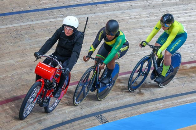 2nd August 2026; Glasgow, Scotland; 2026 Commonwealth Games, Final Day; Sir Chris Hoy Velodrome, Track cycling, Rad, Radsport, Bahnrad, Bahn Womens Keirin First Round, A Derny bike with a 98cc petrol engine leads out the keirin riders RogerxEvans