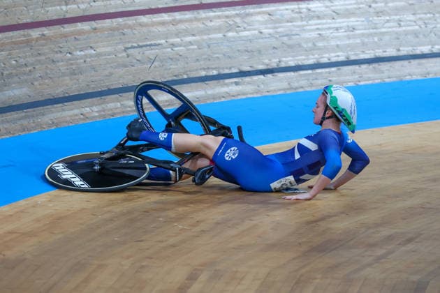 2nd August 2026; Glasgow, Scotland; 2026 Commonwealth Games, Final Day; Sir Chris Hoy Velodrome, Track cycling, Rad, Radsport, Bahnrad, Bahn Womens Keirin First Round, Lauren Bell (SCO) crashes out of heat three RogerxEvans