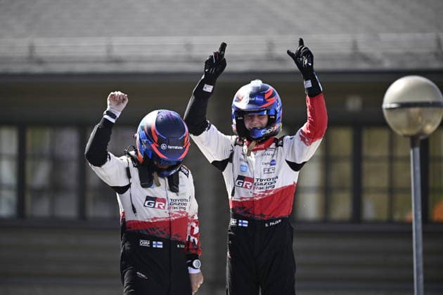 LKS 20260802 Winner driver Sami Pajari and co-driver Marko Salminen of Finland celebrate on the podium at the WRC, Motorsport Rallye, WM Rally Finland in Jyväskylä, Finland on August 2, 2026. - RONI REKOMAA Jämsä Finland 24rkNHUfIT0  Copyright: xRonixRekomaax 24rkNHUfIT0