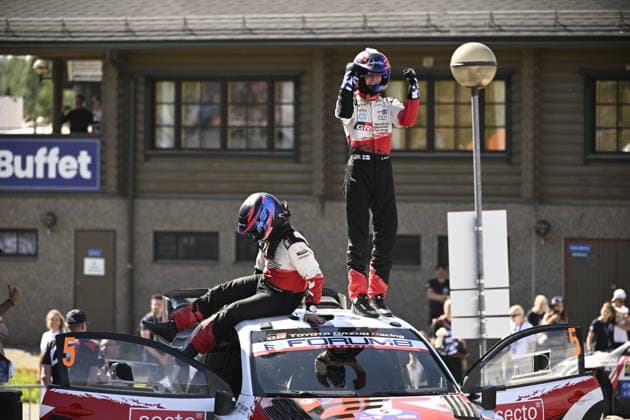 LKS 20260802 Winner driver Sami Pajari and co-driver Marko Salminen of Finland celebrate on the podium at the WRC, Motorsport Rallye, WM Rally Finland in Jyväskylä, Finland on August 2, 2026. - RONI REKOMAA Jämsä Finland DwHh0Q0nYWU  Copyright: xRonixRekomaax DwHh0Q0nYWU
