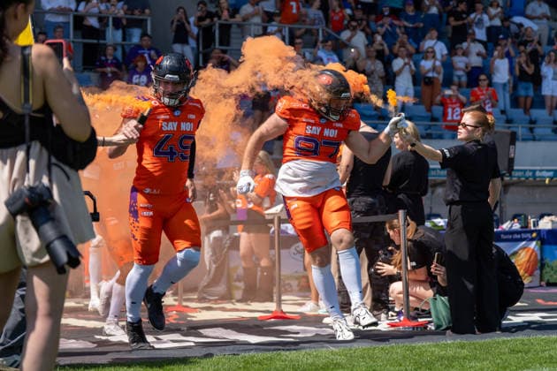 02.08.2026, xhfmx, American Football EFA European Football Alliance, Frankfurt Galaxy - Nordic Storm v.l. Tim Steins (Galaxy Frankfurt, 49), Leander Strathmann (Galaxy Frankfurt, 97) bein Einlauf (DFL DFB REGULATIONS PROHIBIT ANY USE OF PHOTOGRAPHS as IMAGE SEQUENCES and or QUASI-VIDEO) Frankfurt am Main *** August 2, 2026, xhfmx, American Football EFA European Football Alliance, Frankfurt Galaxy vs. Nordic Storm, Tim Steins, Galaxy Frankfurt, 49, Leander Strathmann, Galaxy Frankfurt, 97 during the pregame walkout. DFL and DFB regulations prohibit any use of photographs as image sequences and or quasi-video. Frankfurt am Main