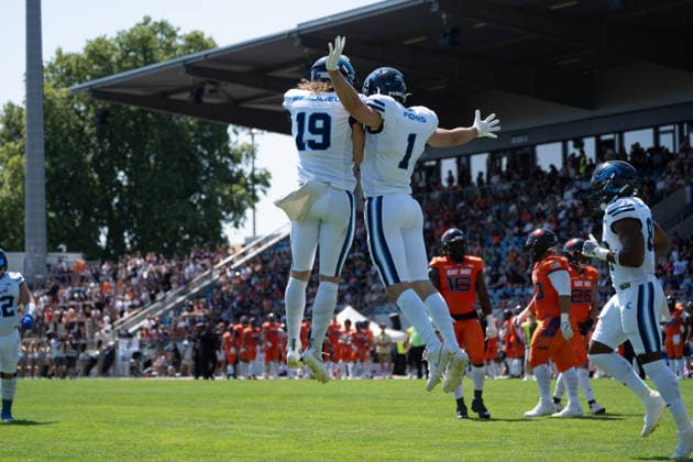02.08.2026, xhfmx, American Football EFA European Football Alliance, Frankfurt Galaxy - Nordic Storm v.l. Brendan Beaulieu (Nordic Storm, 19), Simon Fons (Nordic Storm, 1) bejubeln einen Touchdown gegen Frankfurt (DFL DFB REGULATIONS PROHIBIT ANY USE OF PHOTOGRAPHS as IMAGE SEQUENCES and or QUASI-VIDEO) Frankfurt am Main *** August 2, 2026, xhfmx, American Football EFA European Football Alliance, Frankfurt Galaxy vs. Nordic Storm, l Brendan Beaulieu (Nordic Storm), 19, Simon Fons, Nordic Storm, 1 celebrating a touchdown against Frankfurt; DFL and DFB regulations prohibit any use of photographs as image sequences and or quasi-video; Frankfurt am Main