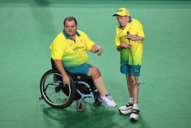 COM26 BOWLS, James Reynolds and Damien Delgado (L) of Australia look on during the Para Mens Pairs B6-B8 Gold Medal match between Australia and New Zealand during the Glasgow 2026 Commonwealth Games at SEC Centre Hall 3 in Glasgow, Scotland, Sunday, August 2, 2026. ( NO ARCHIVING, EDITORIAL USE ONLY Glasgow Scotland United Kingdom  Copyright: xLUKASxCOCHx 20260802155917842265