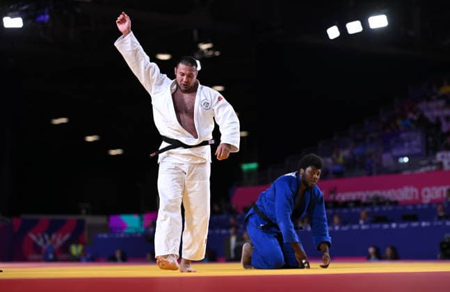 COM26 JUDO, Kayhan Ozcicek-Takagi of Australia celebrates during the Mens Judo +100 kg Semi-Finals against John Messe Bessong of Canada during the Glasgow 2026 Commonwealth Games at SEC Centre Hall 4 in Glasgow, Scotland, Thursday, July 23, 2026. ( NO ARCHIVING, EDITORIAL USE ONLY Glasgow Scotland United Kingdom  Copyright: xLUKASxCOCHx 20260802159516681788