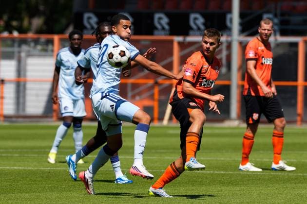 VOLENDAM , 13-02-2026 , Kras Stadium, season 2026 2027 , Pre season footbal . Match between FC Volendam and Ajax . Picture shows Ajax player Abdellah Ouazane and FC Volendam player Alex Plat Volendam - Ajax (friendly  x205403100x Copyright: