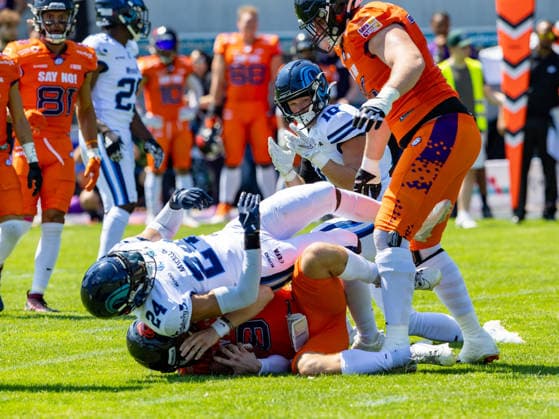 24 Mitch Fettig (Defensive Back) Nordic Storm tackle on 9 Zach Calzada (Quarterback) Frankfurt Galaxy Frankfurt Galaxy vs Nordic Storm, American Football, American Football League Europe, Week 12, 2026, 02.08.2026, Frankfurt am Main PSD Bank Arena Germany Copyright: xPFA ChristopherxMettkenx